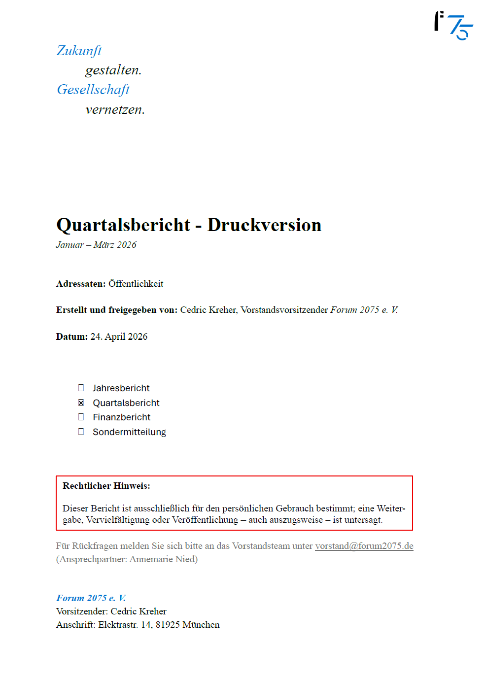 Titelblatt eines Quartalsberichts mit Überschrift, Datum, Kontrollkästchen und rechtlichem Hinweis, veröffentlicht im April 2026.