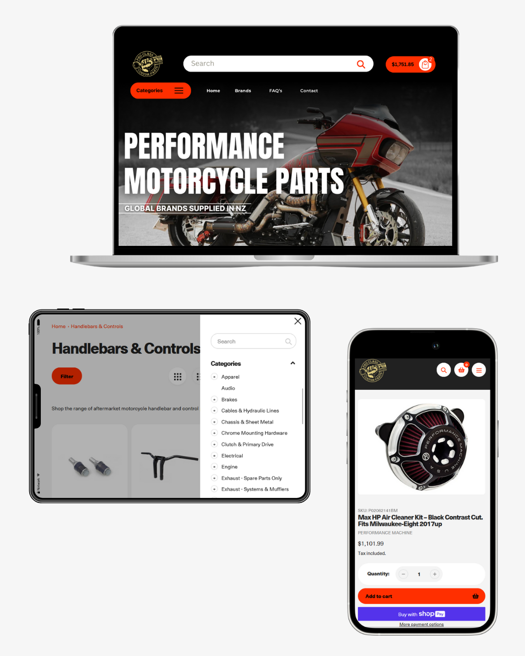 Custom Shopify e-commerce website for Pro Class Custom Parts, built by Mama Design Studio.