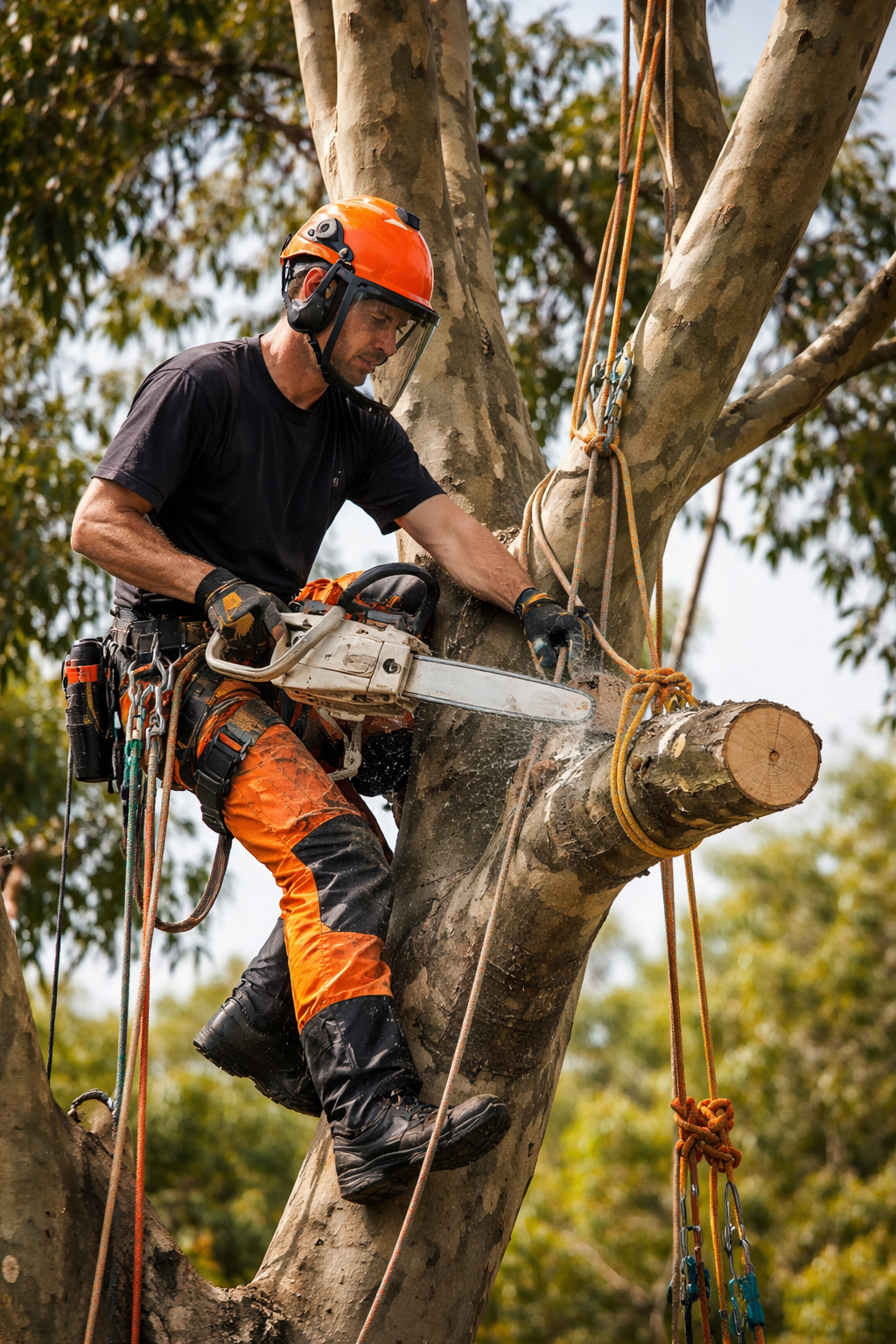 A tree surgeon or arborist cutting a branch from a large tree with a chainsaw while wearing safety gear, including a helmet, face shield, gloves, and work pants, surrounded by green foliage.