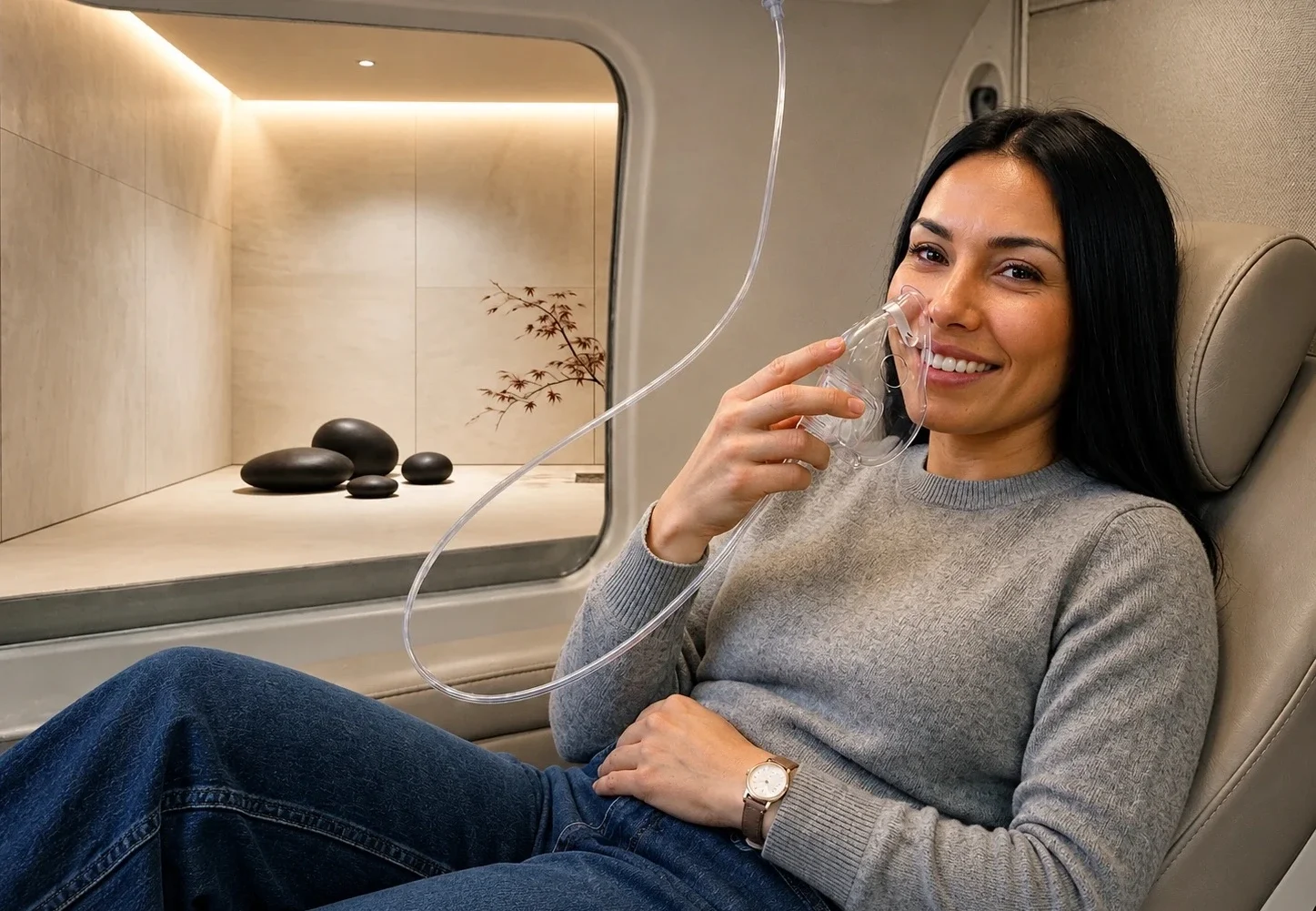 Innenansicht einer luxuriösen HBOT Druckkammer für eine Person in Berlin mit gepolsterter Liegefläche, Panoramafenstern und modernem Wellness Ambiente für hyperbare Sauerstofftherapie, Regeneration, Biohacking und Longevity.
