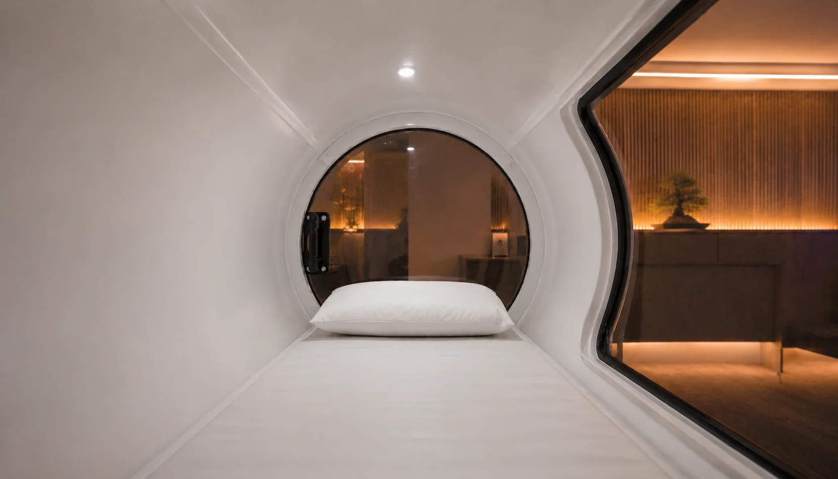 Innenansicht einer luxuriösen Einzelplatz HBOT Hyperbaric Oxygen Chamber in Berlin mit komfortablem Liegebereich, Kissen und modernem Wellness Design für Sauerstofftherapie, Regeneration und Longevity.