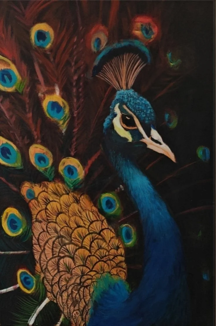 Een schilderij van een pauwe, met gedetailleerde veren en felle kleuren, tegen een donkere achtergrond.