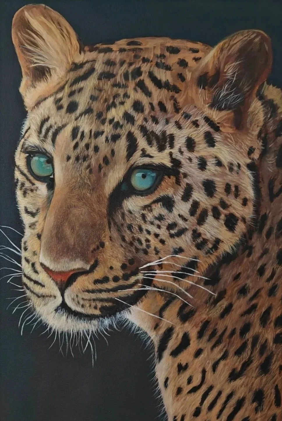 Gedetailleerde close-up van een luipaard met turquoise ogen en een honingkleurige vacht met zwarte vlekken, tegen een donkere achtergrond.