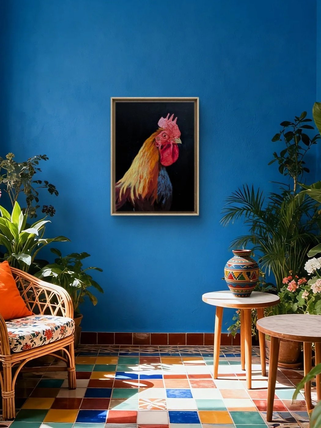 Een kleurrijk interieur met een blauwe muur, een bontgekleurde foto van een kip in een lijst, planten en een gevlochten bank met een kleurrijk kussen.