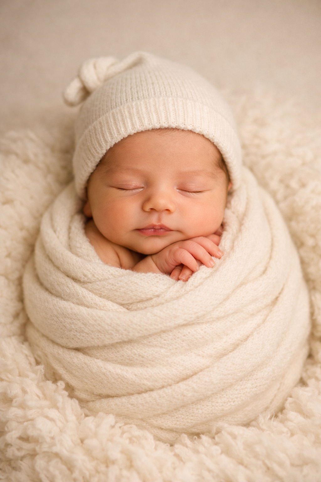Bébé endormi, enveloppé dans une couverture blanche et portant un bonnet en laine blanc, posé sur une surface de texture douce.