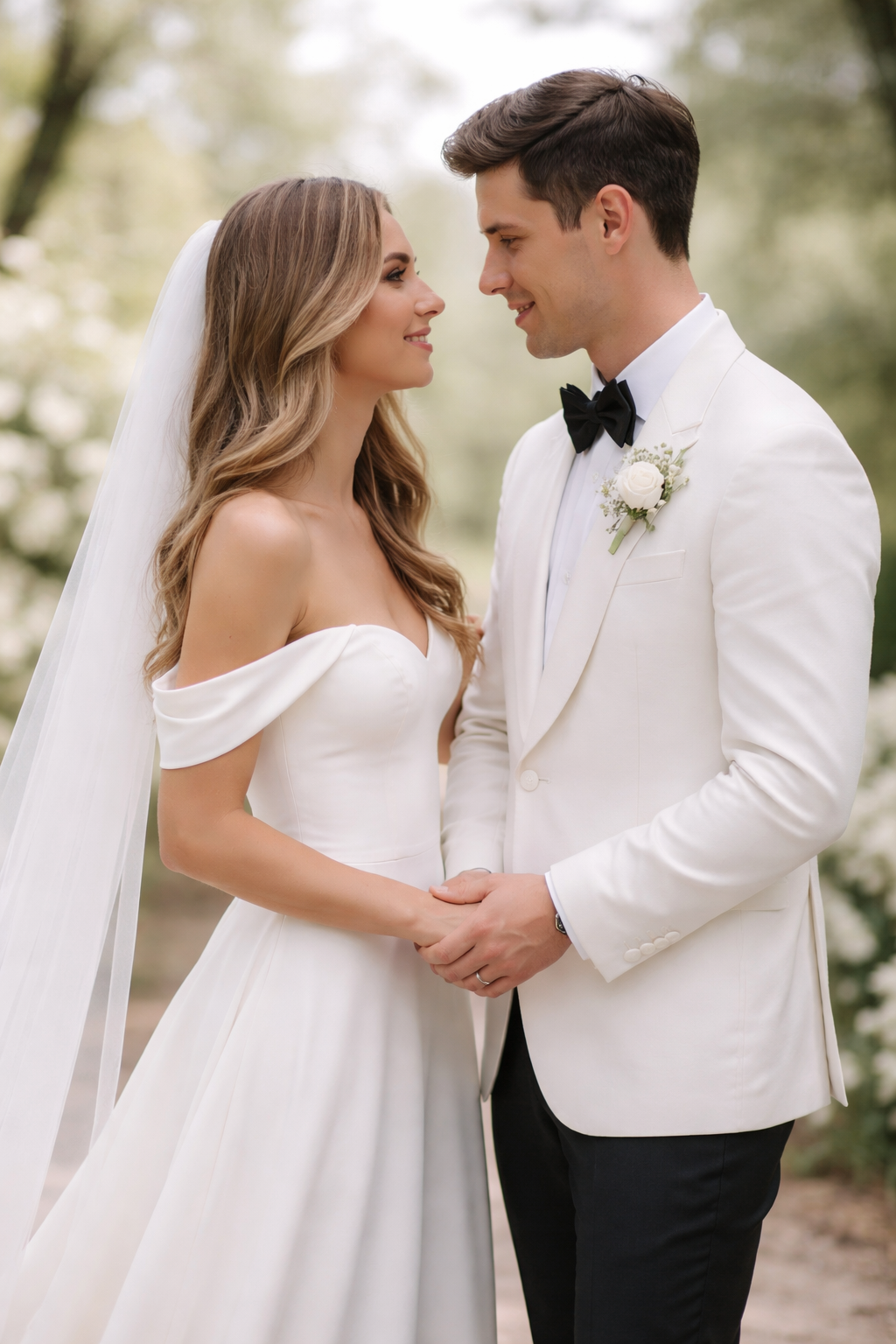 Un couple en costume de mariage en plein air, la femme en robe blanche avec un voile et le homme en costume blanc avec un nœud papillon, se regardant tendrement.