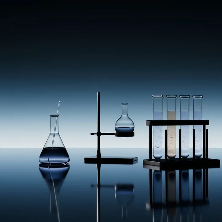 Chemistry lab with various glassware including a beaker, flask, test tubes, and a test tube holder, all reflected on a shiny surface against a dark gradient background.