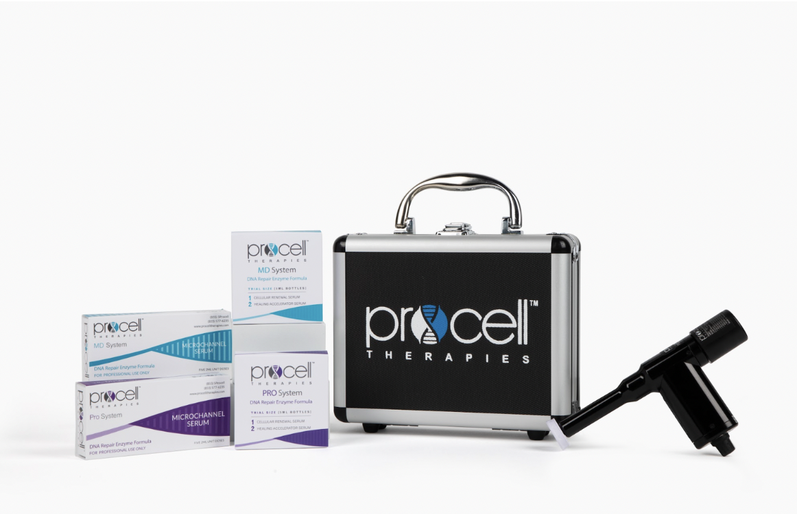 Procell Therapies DNA repair enzyme therapy kit, including test tubes, vials, and a handheld device, displayed with a black case on a white background.