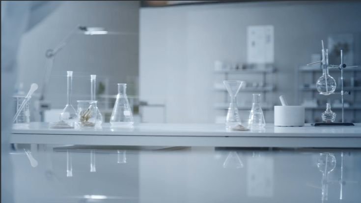 Laboratory with glass beakers, test tubes, and flasks on a counter.