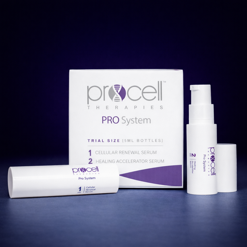 Packaging of Procell Therapies PRO System with trial size serum bottles, including cellular renewal serum and healing accelerator serum, against a dark background.