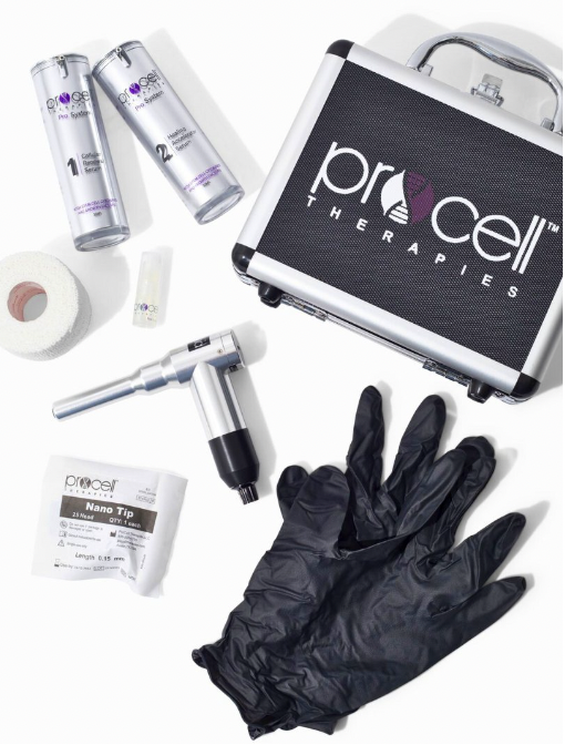 Photo of beauty and skincare procedure supplies including two cans of aerosol, a small cylindrical container, a roll of gauze, a black disposable glove, a handheld device, a sterile pack of Nano Tips, and a black storage case labeled 'prp cell THERAPIES'.