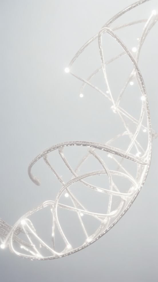 Close-up of a metallic, spiral DNA helix model with glowing lights against a plain, light background.