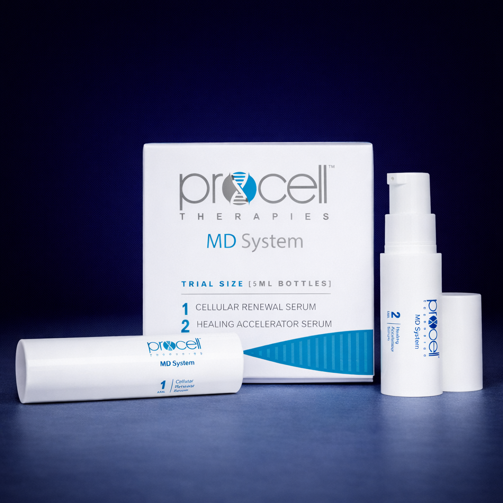 Procell Therapies MD System trial size skincare products, including serum bottles and packaging, on a dark surface.