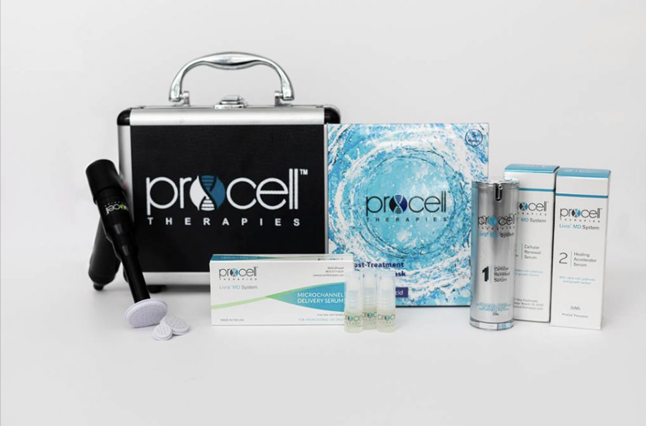 Collection of Procell Therapies skincare products including a black case, a handheld device, serums, and skincare bottles.