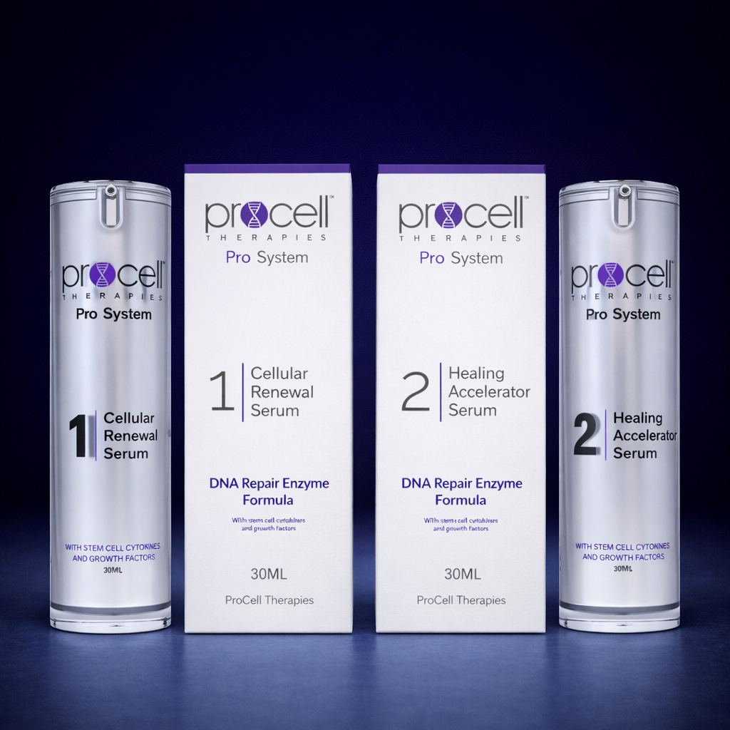 Two bottles and two boxes of Pro Cell Therapies Pro System Serums, labeled as 'Cellular Renewal Serum' and 'Healing Accelerator Serum', with descriptions and volume of 30ML each, placed against a dark gradient background.