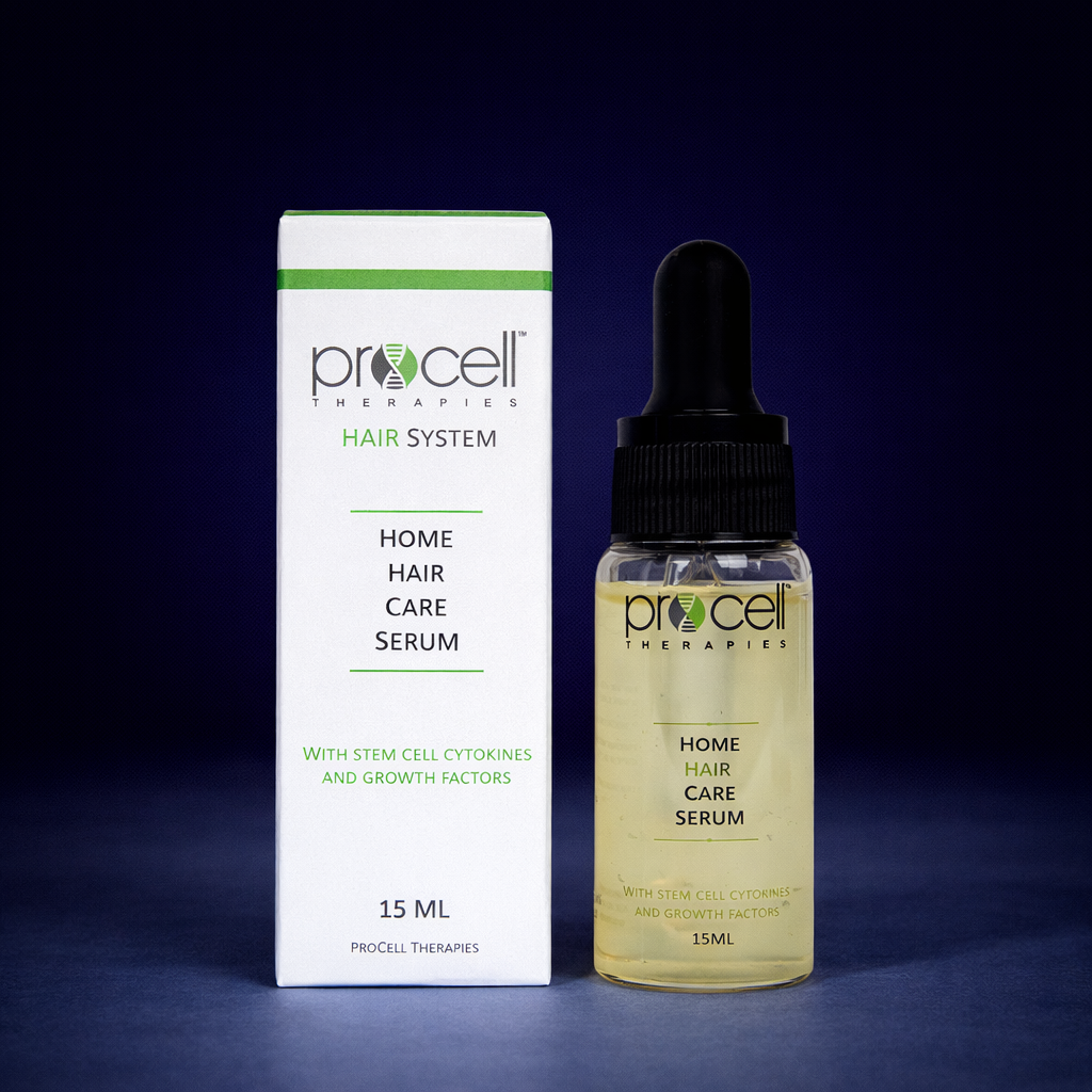 A box and a small bottle of Procell Therapies Home Hair Care Serum with stem cell cytokines and growth factors. The box is white with green and black text, and the bottle is clear with a black cap, containing yellowish serum.
