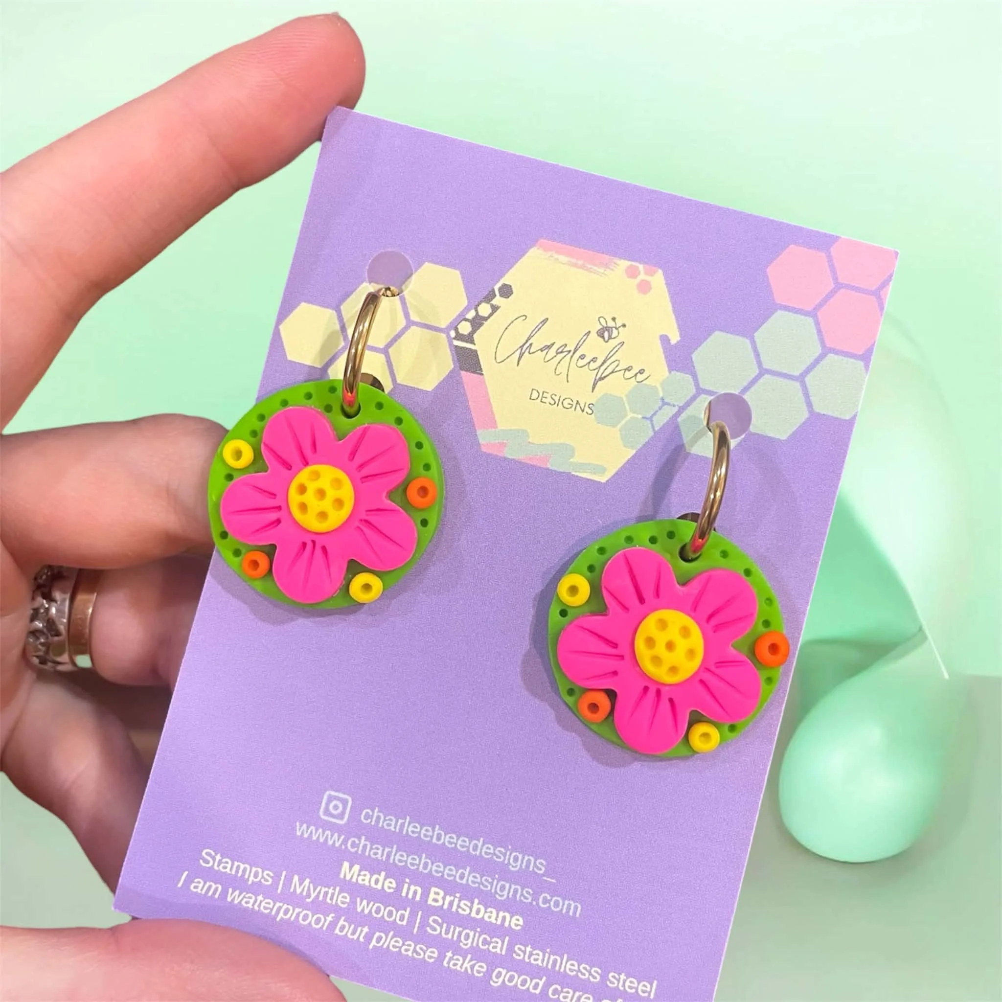 Green flower button hoops