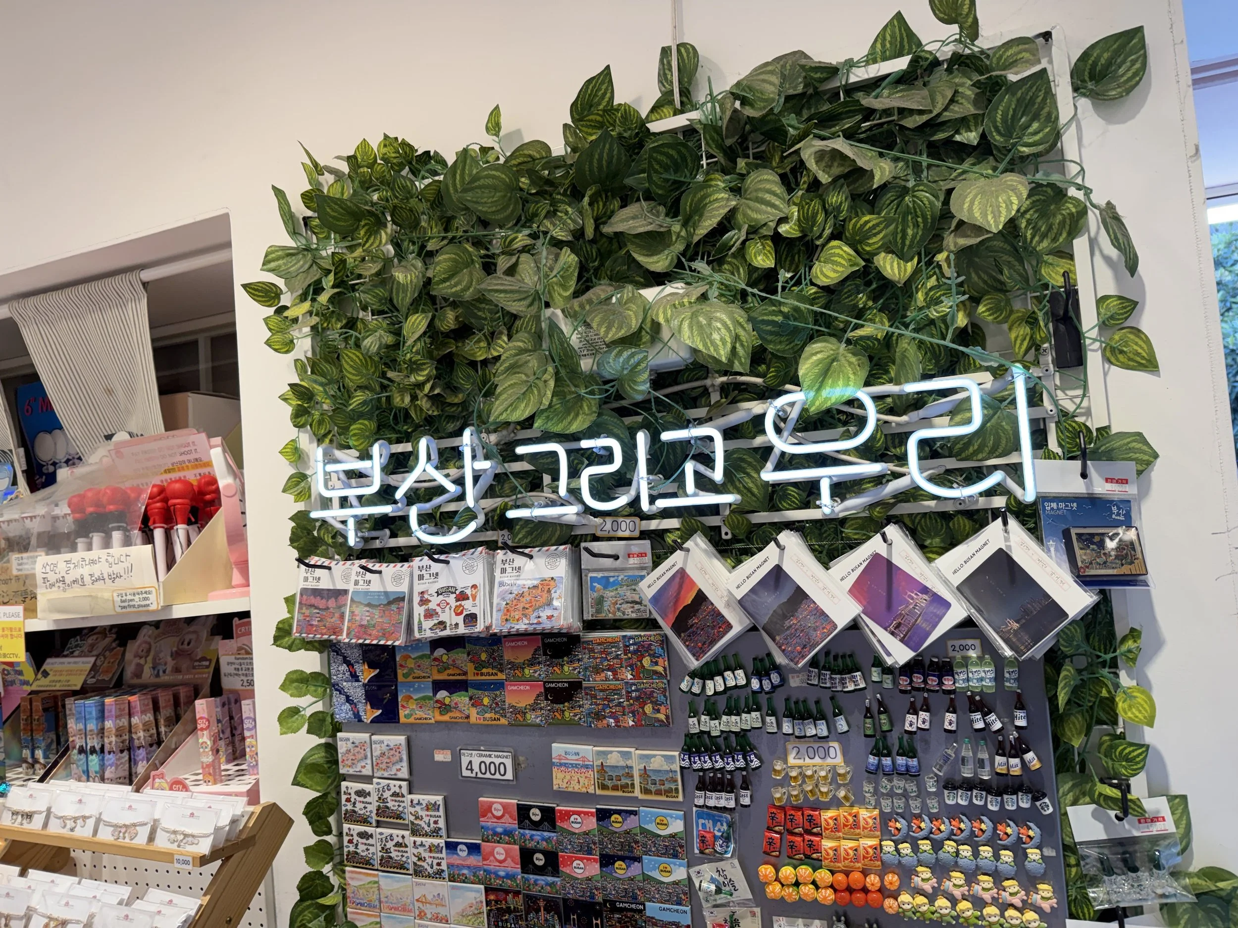 A display of various souvenirs and accessories on shelves, with a large green leafy plant above. The items include postcards, keychains, small bottles, and toys, with handwritten price tags and signs. The background shows part of a window with blinds