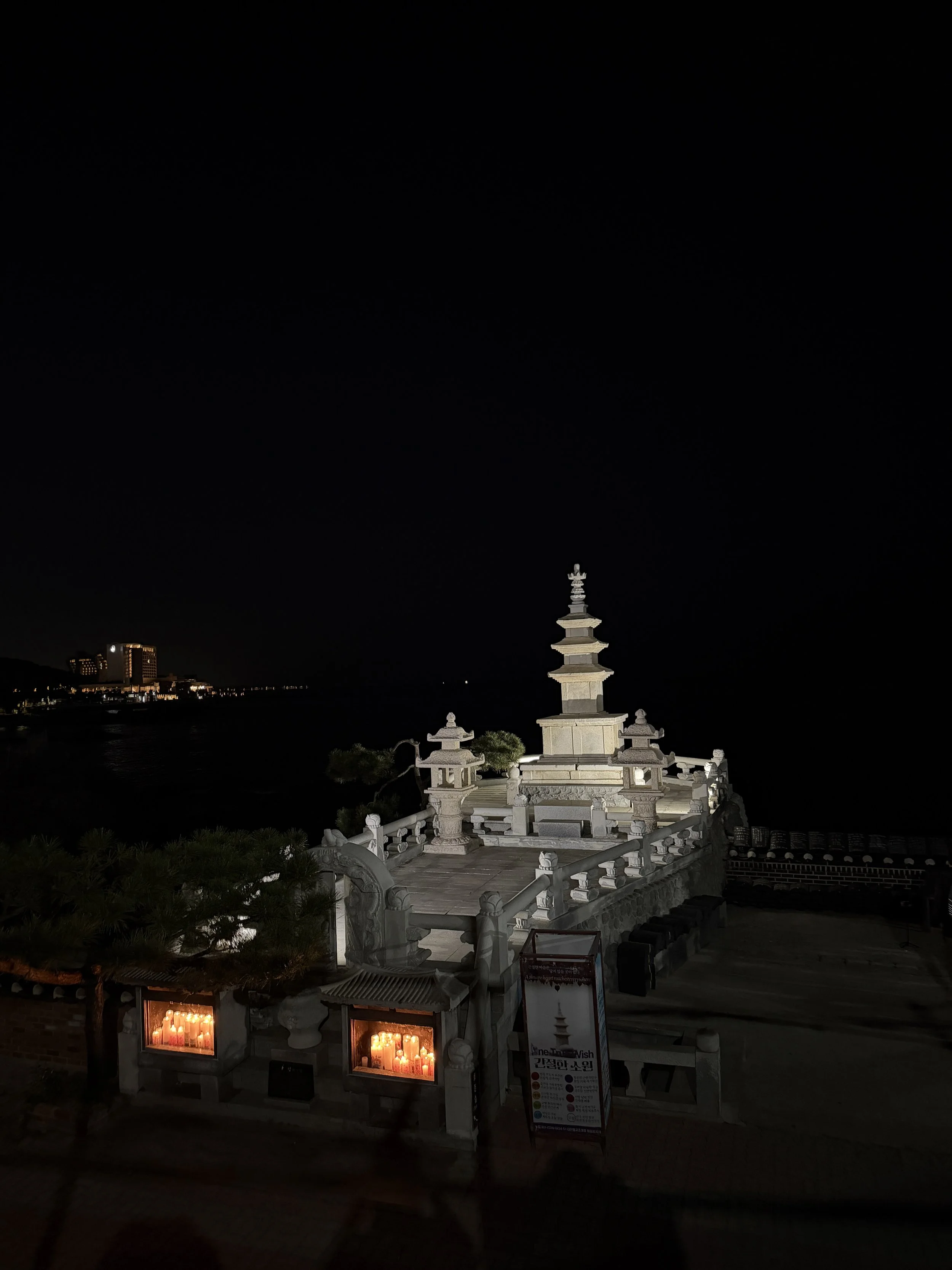 Nighttime view of a traditional Asian-style pagoda illuminated with lights in the foreground, with a dark sky and cityscape in the background.