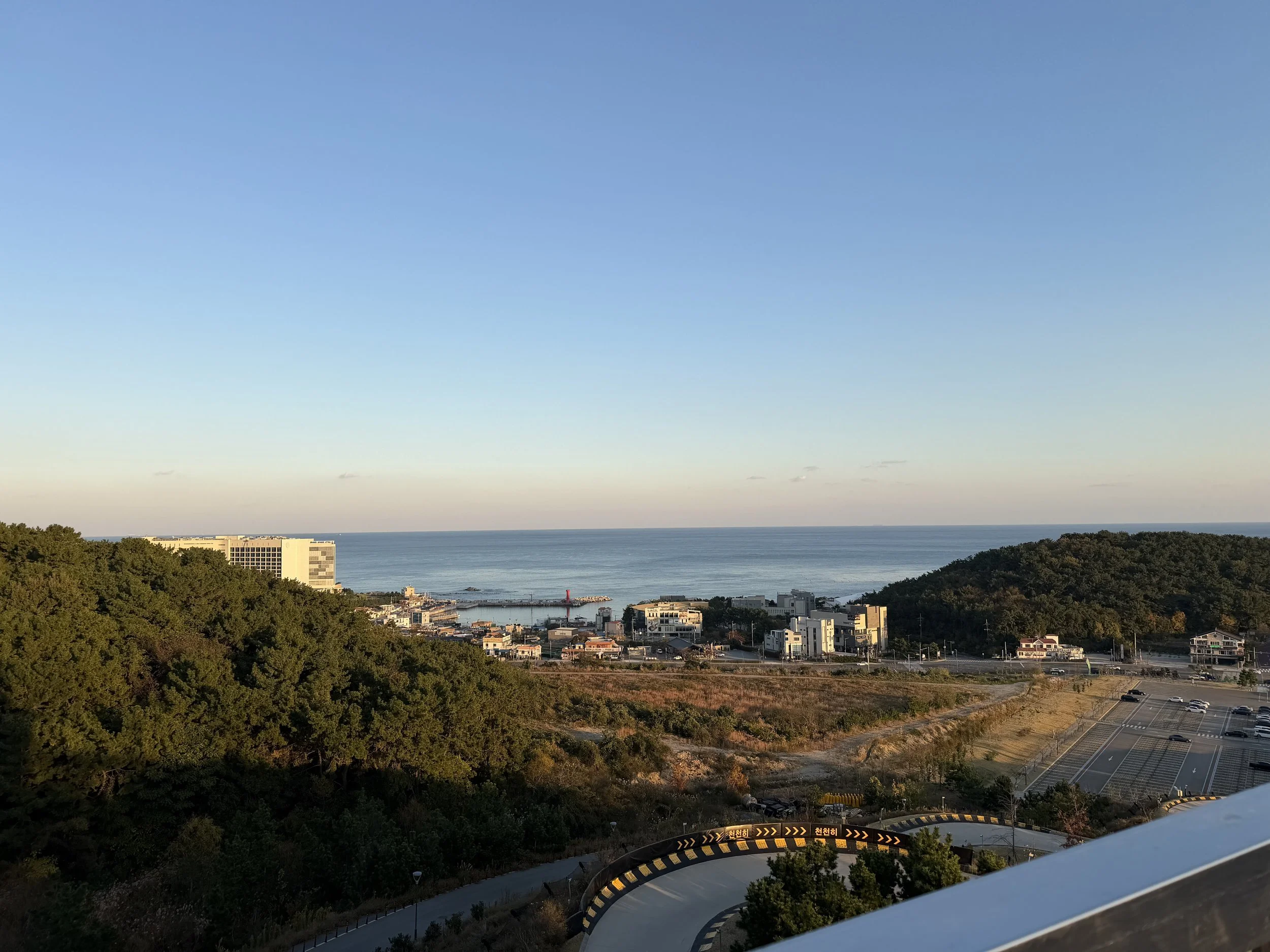 Scenic view of a coastal city with buildings near the shoreline, surrounded by dense green trees, and a large body of water extending to the horizon, under a clear blue sky.