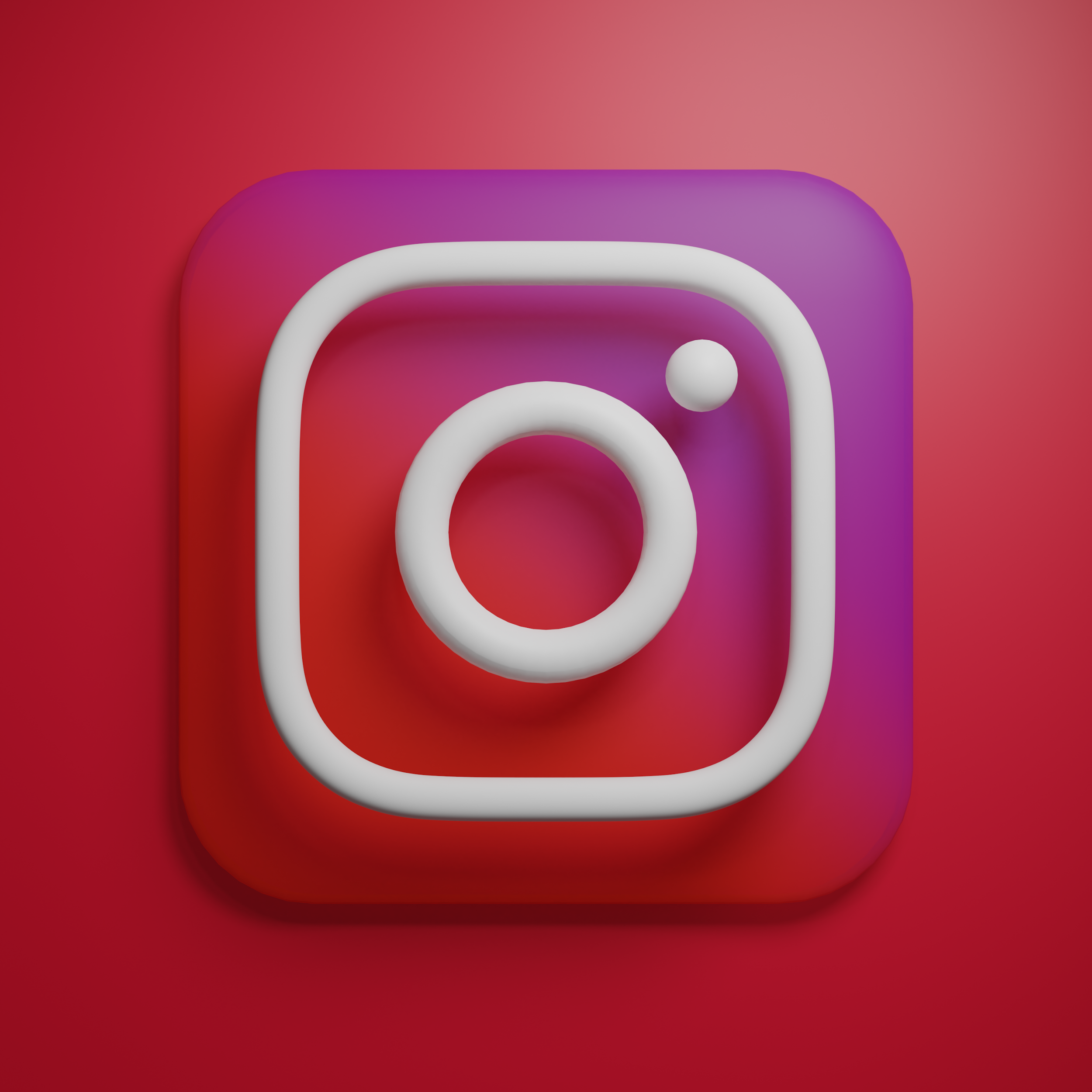 3D white Instagram logo with rounded square border, circle in the center, and a small circle at the top right, on a red and purple gradient background.