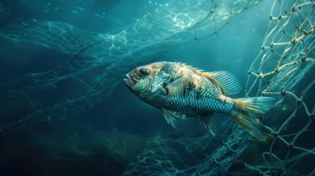 A fish caught in a net underwater.