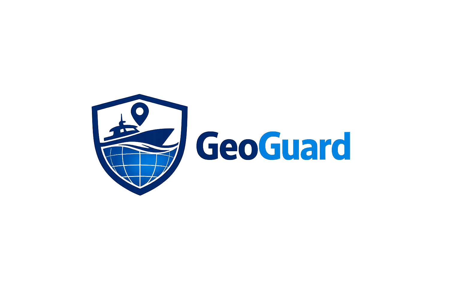 A logo for GeoGuard featuring a shield with a stylized boat and globe, and the text 'GeoGuard' in blue.