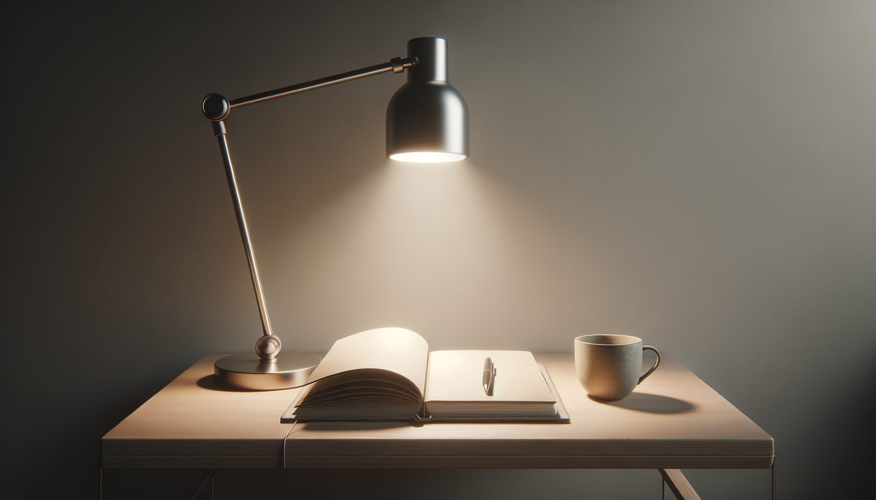 A desk with a modern silver adjustable desk lamp, an open notebook with a pen, and a ceramic mug, all illuminated by the lamp's focused light in a minimalist setting.