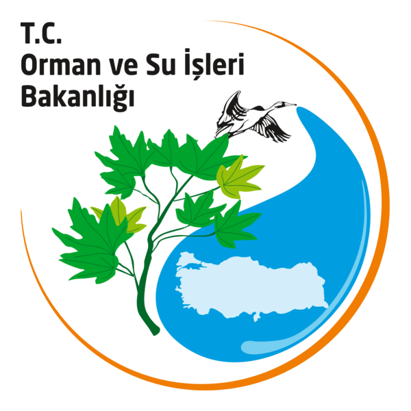 Orman ve Su İşleri Bakanlığı logosu, yeşil yapraklar, balıkçıl kuş ve Türkiye haritası ile su elementi.