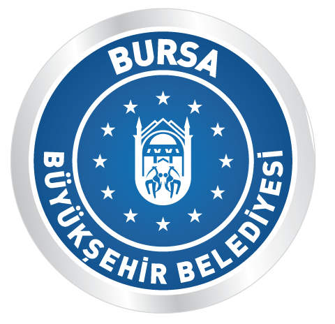 Bursa Büyükşehir Belediyesi logosu, mavi ve beyaz renkte, şehir simgeleriyle çevrelenmiş.