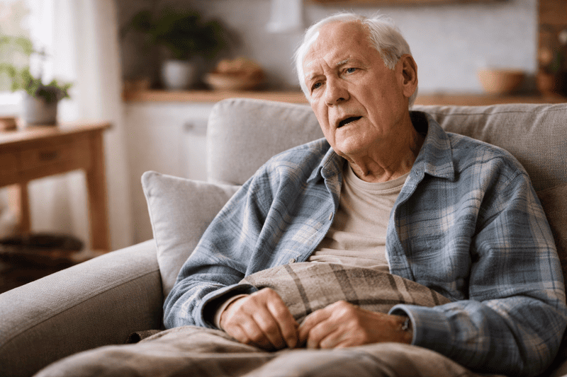 Älterer Mann mit schwerer Demenz sitzt im Sessel