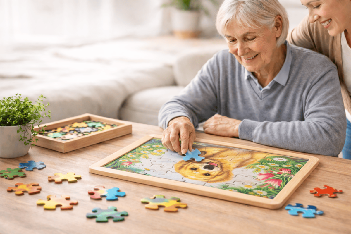 Ältere Person sitzt am Tisch und puzzelt