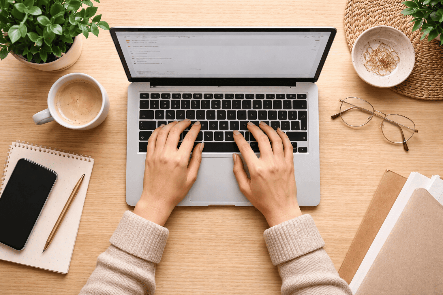 Offener Laptop mit schreibenden Händen