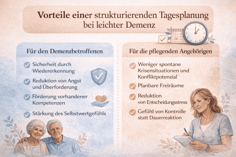 Übersicht zu Vorteilen einer strukturierenden Tagesplanung bei leichter Demenz