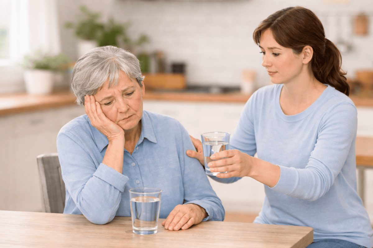 Eine pflegende Angehörige bietet einer Demenzpatientin etwas zu trinken an