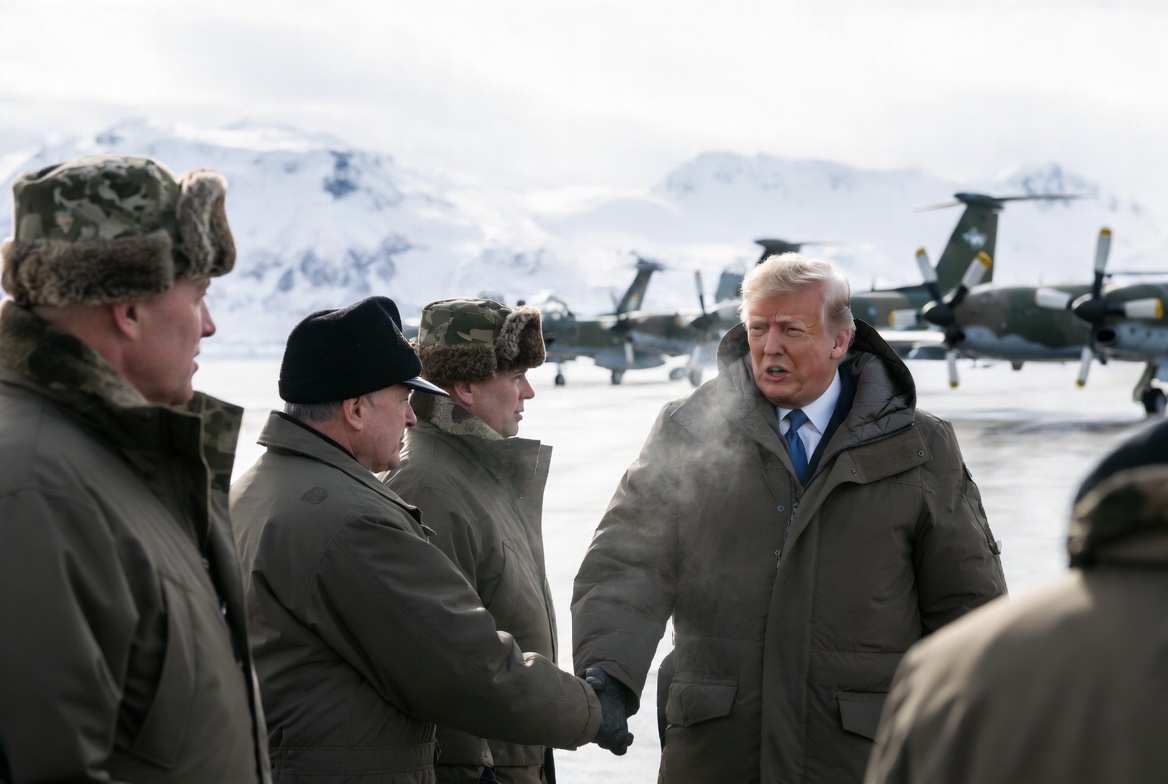 Donald Trump shaking hands with military personnel on a snowy tarmac with airplanes in the background.
