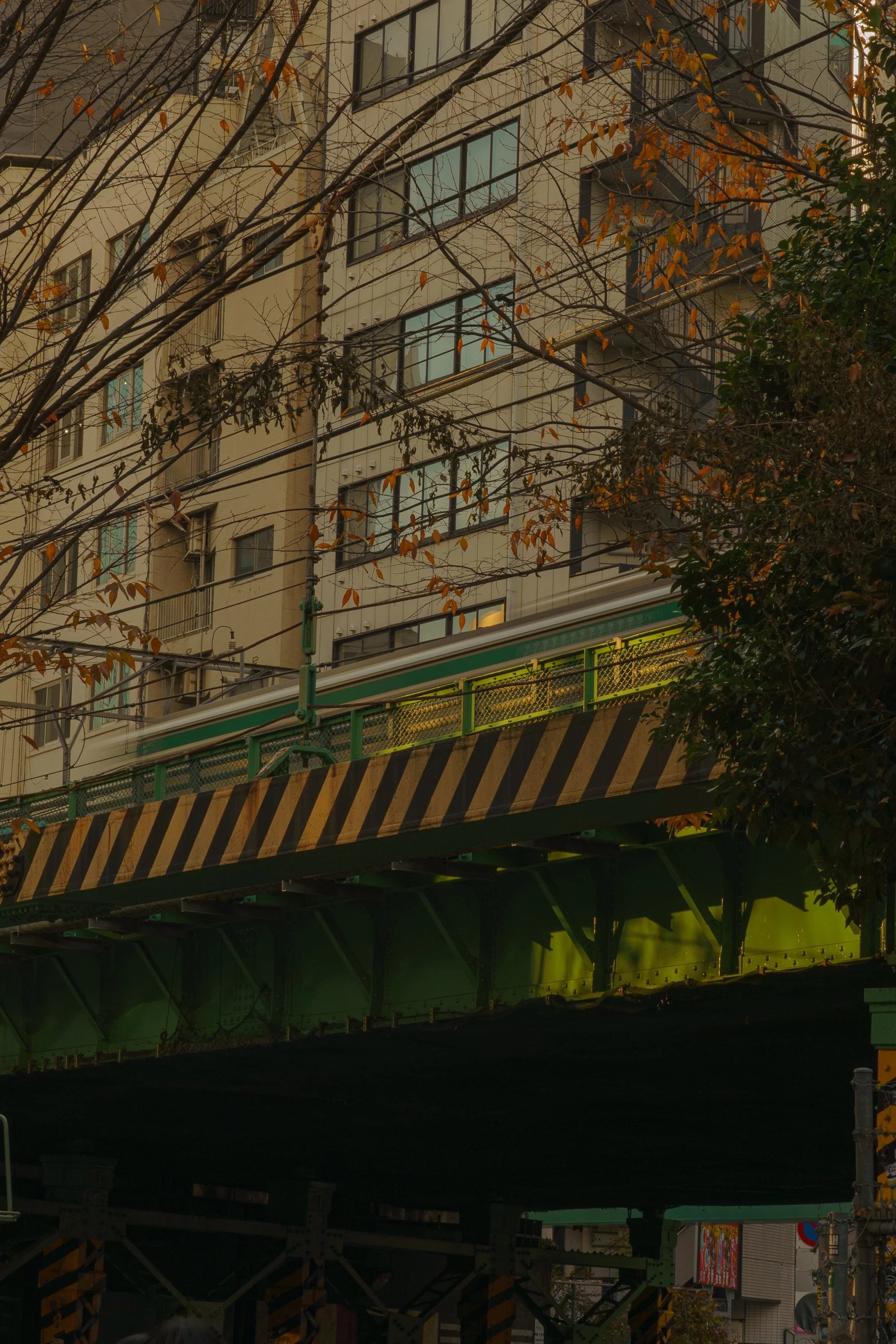 An urban scene showing a building and an elevated train platform with a train passing by, surrounded by trees with autumn leaves.