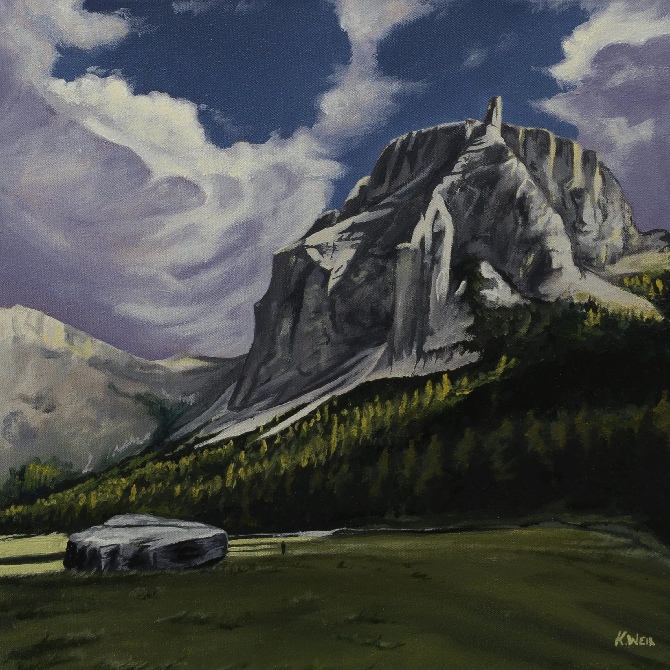 'A stroll in Vallunga valley', Val Gardena, Dolomites, northern Italy, 24.5x24.5cm oil on board (framed)