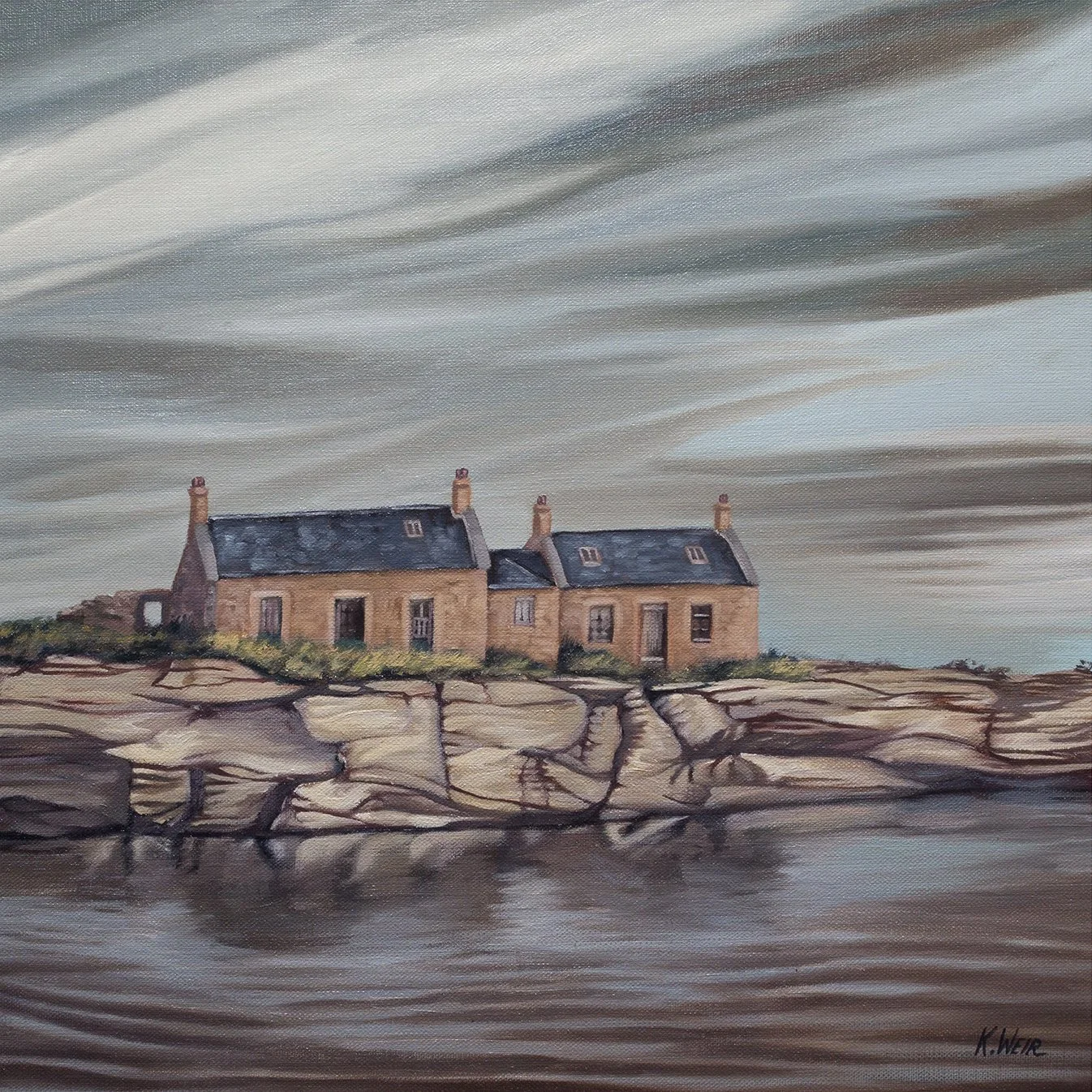 'Cottages', Cove Harbour, Berwickshire, 40x40cm oil on board (framed)