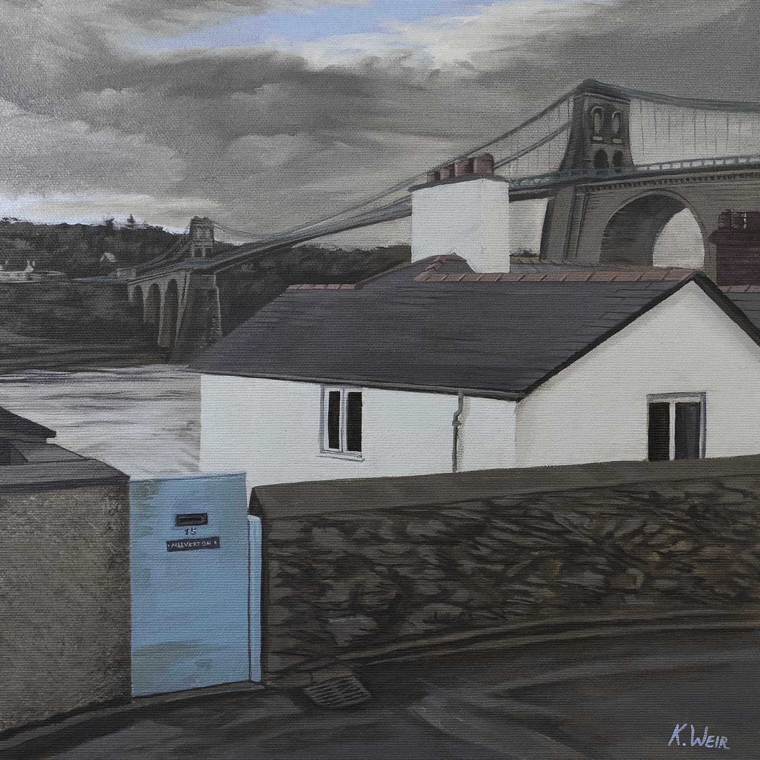 'Menai Bridge from Cambria Road', Menai Bridge, Anglesey, 30x30cm oil on canvas board (framed)