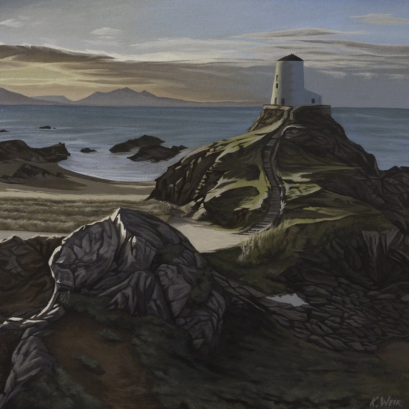 'Low light on the Twr Bach Lighthouse', Ynys Landdwyn, Anglesey, 40x40cm oil on board (framed)
