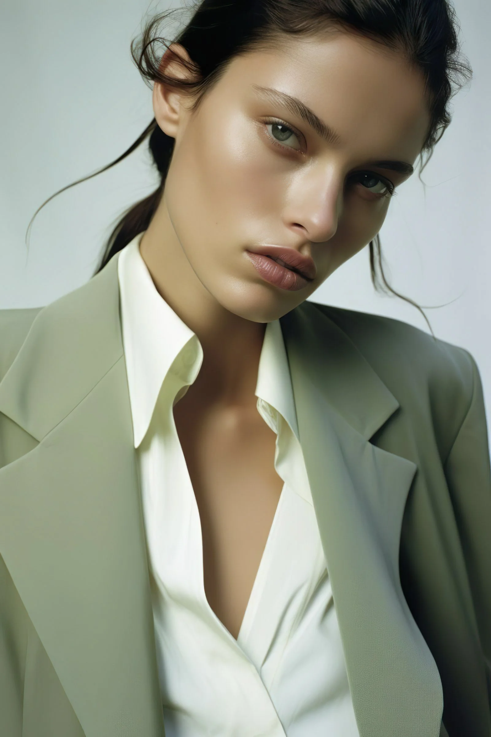 Close-up of a woman with fair skin, green eyes, and brown hair, wearing a light green blazer over a cream-colored shirt, looking intently at the camera.