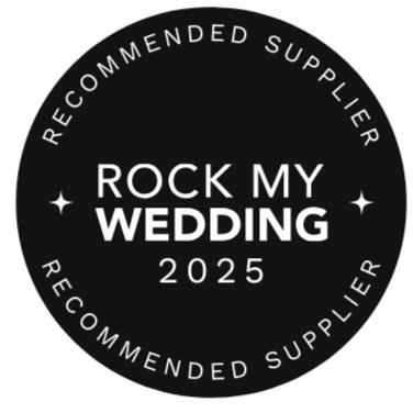 Black circular badge with white text saying 'Rock My Wedding 2025' and 'Recommended Supplier' around the edges.