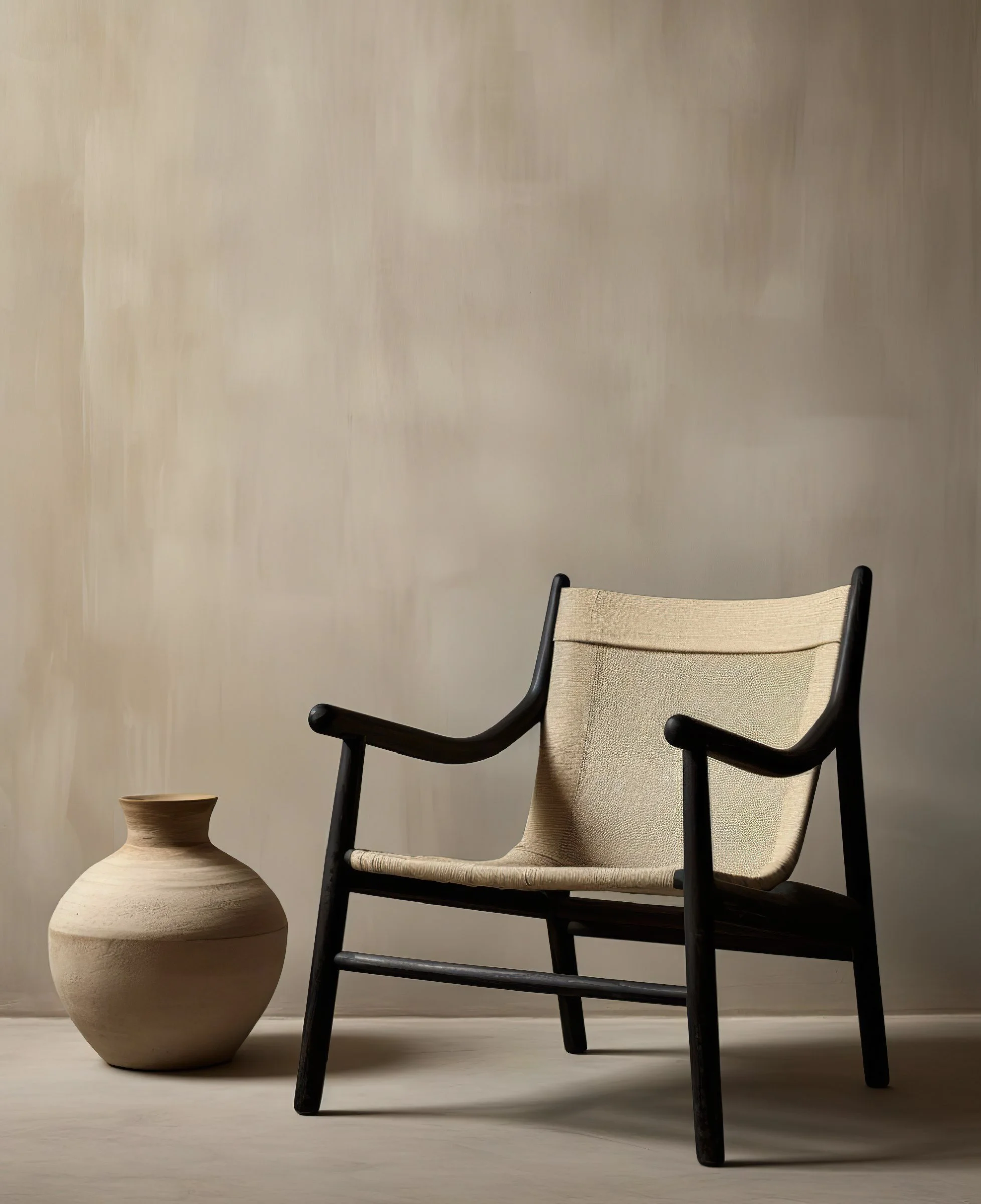 A minimalist beige chair with black wooden frame and armrests, positioned next to a wide, rounded beige ceramic vase with a narrow opening, against a plain beige wall.