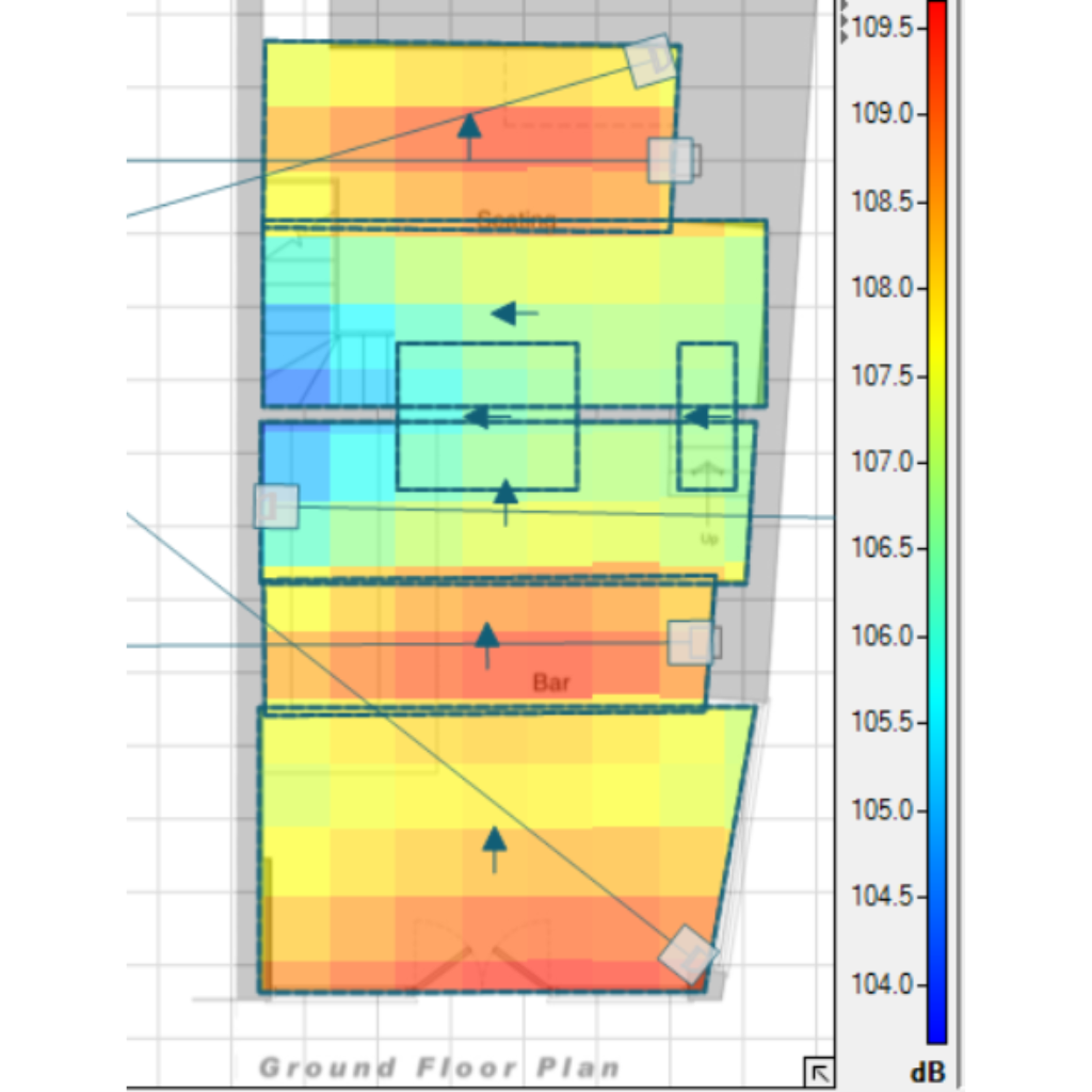 Color-coded ground floor plan of a building with different sections, including labels for 'Bar', with arrows indicating airflow or ventilation directions, and a decibel scale on the right side.