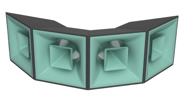 Close-up of a professional video monitor with three screens showing each a megaphone icon and a white sphere against a black background.