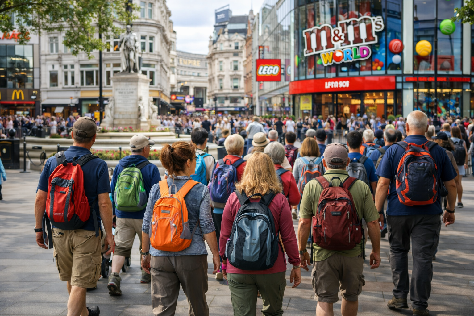 Crowd of tourists walking in Piccadilly Circus, London, with M&M's World store in the background.