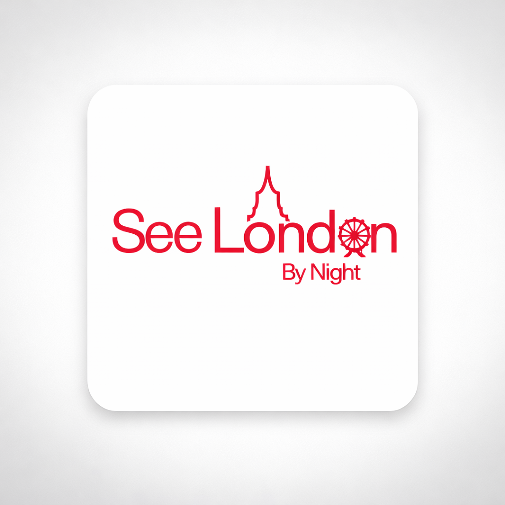 Graphic design slogan 'See London By Night' with a silhouette of London landmarks and a London Eye wheel in red.