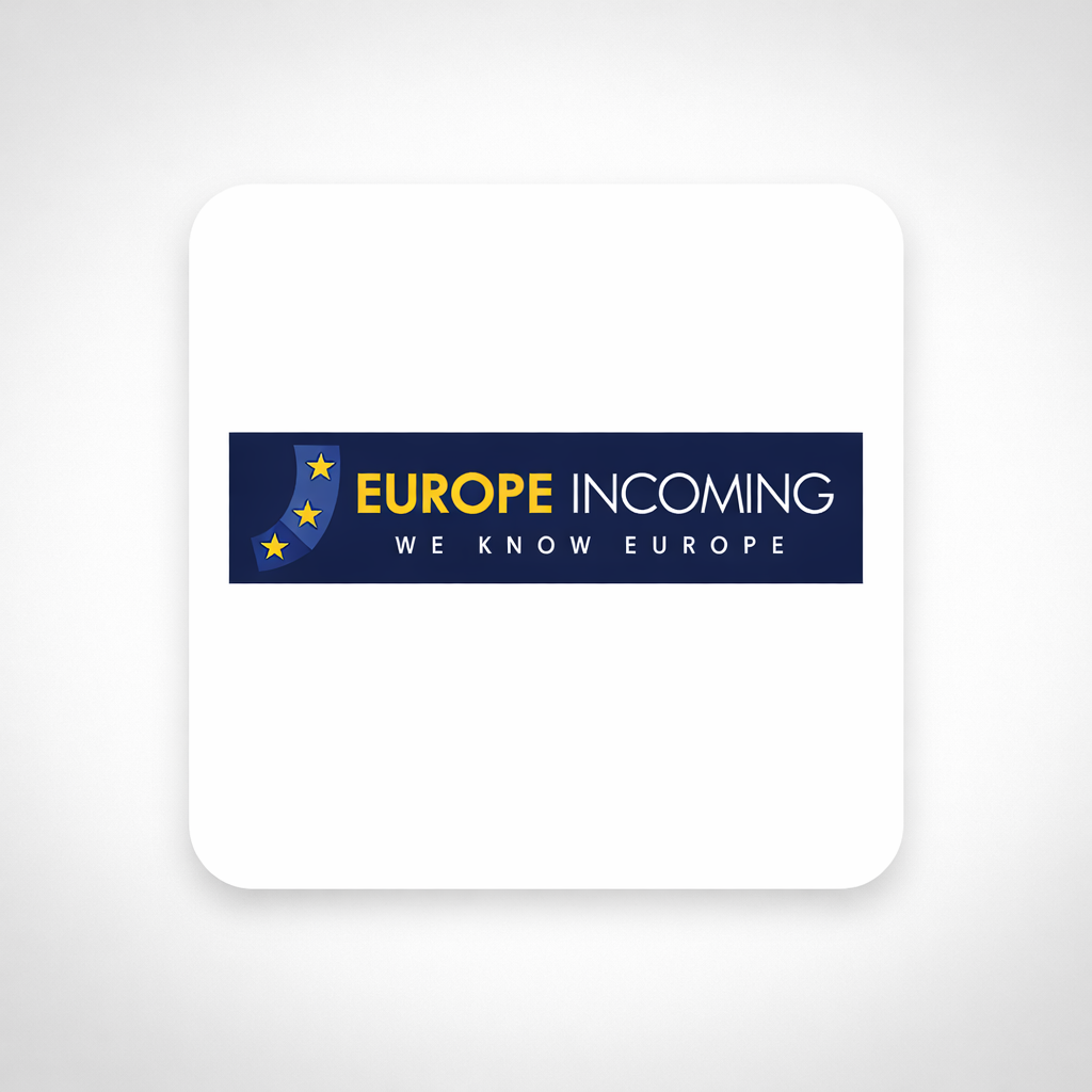 Logo for Europe Incoming with blue background, yellow star accents, and white text that says "We Know Europe".