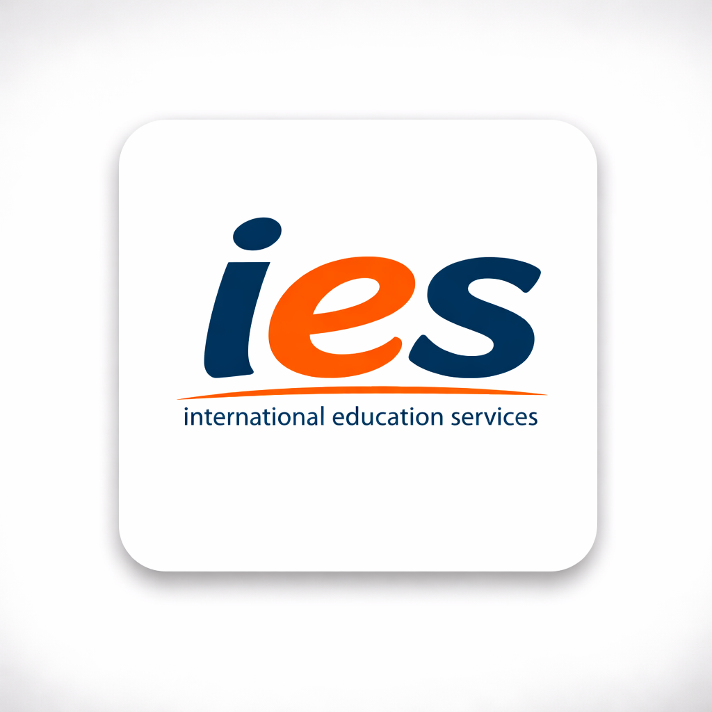 Logo for International Education Services (IES) with blue and orange text and underline on a white background.